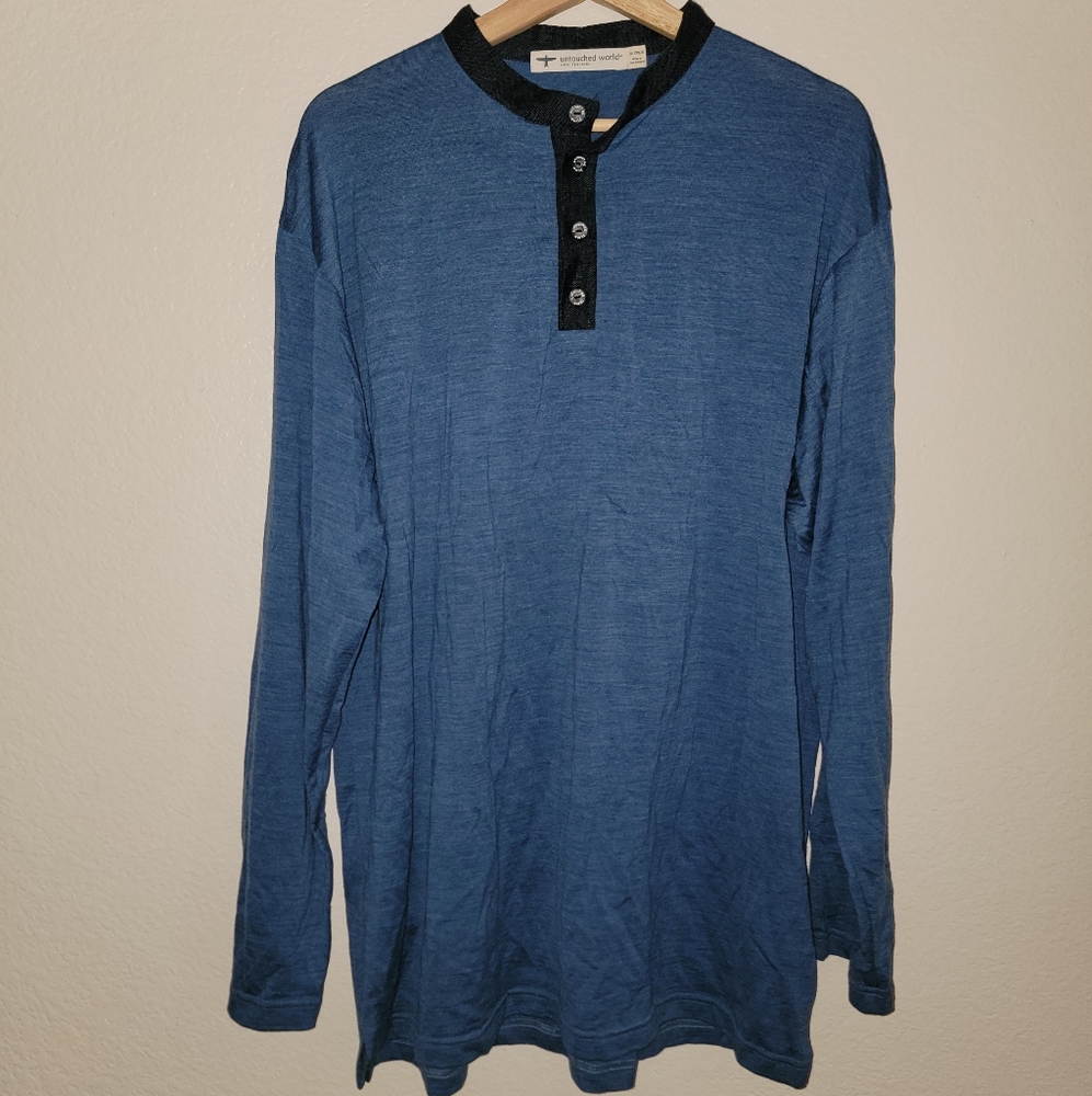 Untouched World New Zealand  Blue long sleeve shirt linen collar Mens 2XL XXL